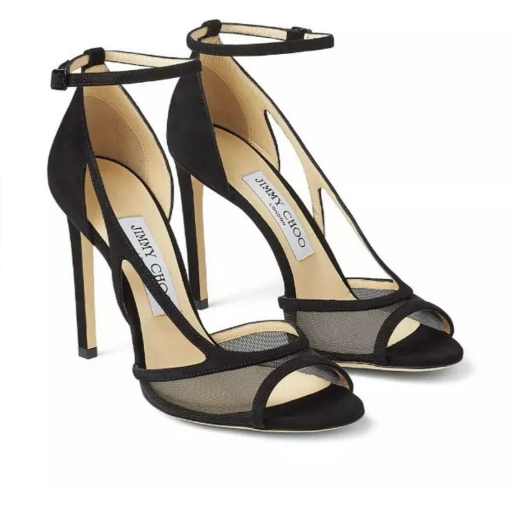 Jimmy Choo Liu Black Suede and Mesh Strappy Heels